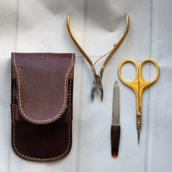Old River Gold Plated Vintage Manicure Set in Leather Case 4 pc ITALY made